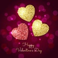 Valentines day background with gold and red hearts. Shining glitter textured hearts on a burgundy background. Royalty Free Stock Photo