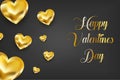 Valentines Day background with golden hearts and lettering. Template for Valentine s Day design. Vector.