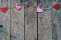 Valentines Day background with handmade felt hearts, clothespins. Valentine gift making, diy hobby. Romantic, love concept. Happ Royalty Free Stock Photo