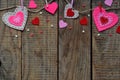 Valentines Day background with handmade felt hearts, clothespins. Valentine gift making, diy hobby. Romantic, love concept. Happ