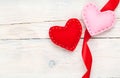 Valentines day background with handmade toy hearts Royalty Free Stock Photo