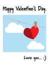 Valentines Day background of hanging heart on sky and cloud with Happy Valentine`s Day and Love you text. Royalty Free Stock Photo