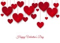 Valentines day background with hanging red cut paper hearts. Royalty Free Stock Photo