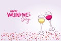 Valentines Day background. Happy Valentines Day Hand written lettering and two glasses with wine. Pink Vector background to Royalty Free Stock Photo