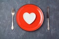 Valentines day background with heart shape plate. Restaurant dinner or menu concept. Royalty Free Stock Photo