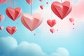 Valentines day background with hearts and clouds. 3d rendering, Paper art of Heart shape hanging from the sky on pastel background