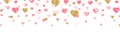Valentines Day background with hearts confetti. Glitter gold and pink heart long border. Celebration frame. Romantic