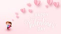 Valentines day background with light pink paper hearts, white text sign and couple boy and girl hugs each other. Love Royalty Free Stock Photo