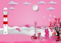Valentines day background with man and woman in love have bike and a tree made out of hearts and sea with dolphins. paper art and Royalty Free Stock Photo