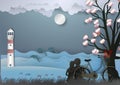 Valentines day background with man and woman in love have bike and a tree made out of hearts and sea with dolphins. paper art styl