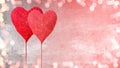 Valentines day background panorama banner long - two red hearts and bokeh lights on rustic bright stone concrete texture Royalty Free Stock Photo