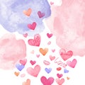 Valentines day background with pastel watercolor spots and colorful pink and red flying hearts and kisses. Royalty Free Stock Photo