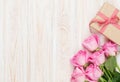 Valentines day background with pink roses and gift box Royalty Free Stock Photo