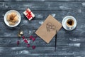 Valentines Day Background Postcard Cappuccino Candies and Gift on Wood Royalty Free Stock Photo