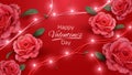 Valentines Day Background with realistic rose elements, green leaf and heart shaped light bulb. 3d style vector illustration Royalty Free Stock Photo