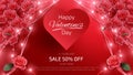 Valentines Day Background with realistic rose elements, green leaf and heart shaped light bulb. 3d style vector illustration Royalty Free Stock Photo