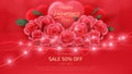 Valentines Day Background with realistic rose elements, green leaf and heart shaped light bulb. 3d style vector illustration Royalty Free Stock Photo