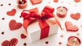 Valentines day background: red love hearts, romantic gift box, candle on white table. February romance present card Royalty Free Stock Photo