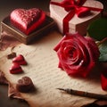 Valentines day background with red rose, gift box and old letter Royalty Free Stock Photo