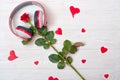 Valentines Day background with a red rose and headphones.Romantic music about love. Royalty Free Stock Photo