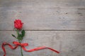 Valentines day background with red rose and ribbon on wooden.