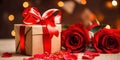 Valentines day background with red roses, gift box and bokeh lights Royalty Free Stock Photo