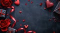 Valentines day background with red roses, gift box and hearts on black stone table. Top view with copy space Royalty Free Stock Photo