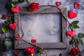 Valentines day background with red roses and hearts on wooden board Royalty Free Stock Photo