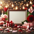 Valentines day background with roses, hearts and gift, frame text. Royalty Free Stock Photo