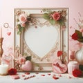 Valentines day background with roses, hearts and gift, frame text. Royalty Free Stock Photo