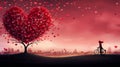 valentines day background - silhouette of person with long hair on bicycle near tree with hearts as leaves, neural