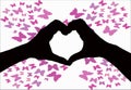 Valentines day background, silhouette of two hands making a heart shape together on a white background with butterfly`s Royalty Free Stock Photo