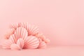 Valentines day background - stage with pink paper ribbed origami hearts on soft light pink color as border with copy space. Love. Royalty Free Stock Photo