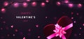 Valentines Day background. Top view composition with heart-shaped gift box, garland and confetti on purple dark background. Vector Royalty Free Stock Photo
