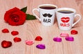 Valentines Day background with two coffee cups and rose flower Royalty Free Stock Photo