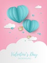 Valentines Day background of paper cut heart shape hot air balloon in pink sky with cloud background. Royalty Free Stock Photo