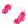 Valentines Day background of pink rose and tiny pink hearts around heart frame on white background with copy space. Royalty Free Stock Photo