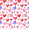 Valentines day background with watercolor hearts, lips and flowers. Festive colorful hand drawn seamless pattern in red and pink Royalty Free Stock Photo