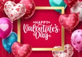 Valentines day balloons vector background design. Happy valentines day greeting text in gold frame