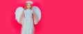 Valentines day banner with angel child. Beautiful little angel girl. Portrait of innocent girl angel with angelic wings Royalty Free Stock Photo