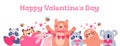 Valentines day banner with animals. Design with cute bear, panda, koala, bees and bunny holding hearts. Cartoon love