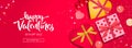 Valentines Day banner. Background design of sparkling lights, realistic gifts box with heart shaped, and confetti Royalty Free Stock Photo