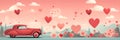 Valentines day banner with car and hearts in cartoon style of retro illustration. Panoramic web header. Wide screen Royalty Free Stock Photo