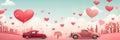 Valentines day banner with car and hearts in cartoon style of retro illustration. Panoramic web header. Wide screen Royalty Free Stock Photo