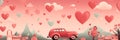 Valentines day banner with car and hearts in cartoon style of retro illustration. Panoramic web header. Wide screen Royalty Free Stock Photo