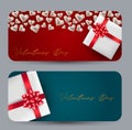 Valentines Day banner or card set with 3d hearts and gift box. Love design concept. Romantic voucher or sale offer promo