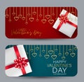 Valentines Day banner or gift card set with hanging golden 3d hearts. Love design concept. Romantic invitation or sale offer promo Royalty Free Stock Photo