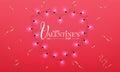 Valentines Day. Banner with realistic heart shape lamps lights garland and gold confetti
