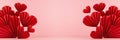 Valentines day banner - stage with red hearts of paper fans fly as flow on soft light pastel pink color, frame, copy space. Love. Royalty Free Stock Photo