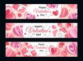 Valentines Day banners. Realistic romantic invitation or greeting cards. Paper cut hearts and diamonds. Confetti and